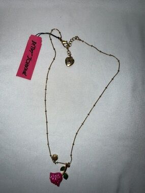 Betsey Johnson Gold Tone Necklace with Pink Rose and Green Leaves